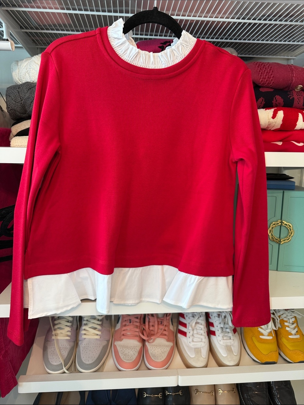 Ann Taylor Bright Red Long Sleeve Top with White Ruffle Trim